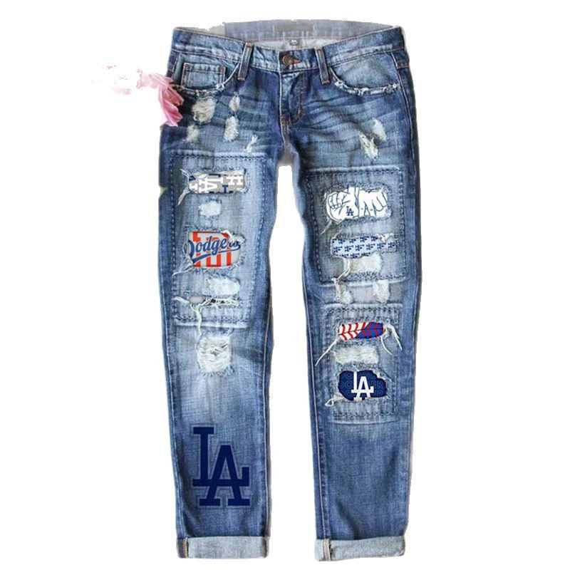 Women's Independent Ripped Print Casual Mid Waist Jeans