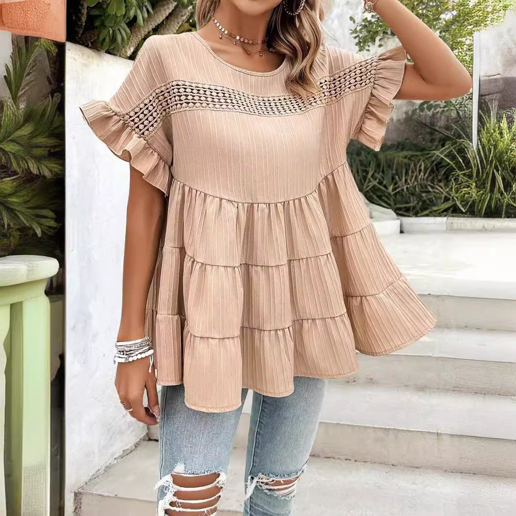 Women's Summer Shirt Round Neck Lace Stitching Blouses