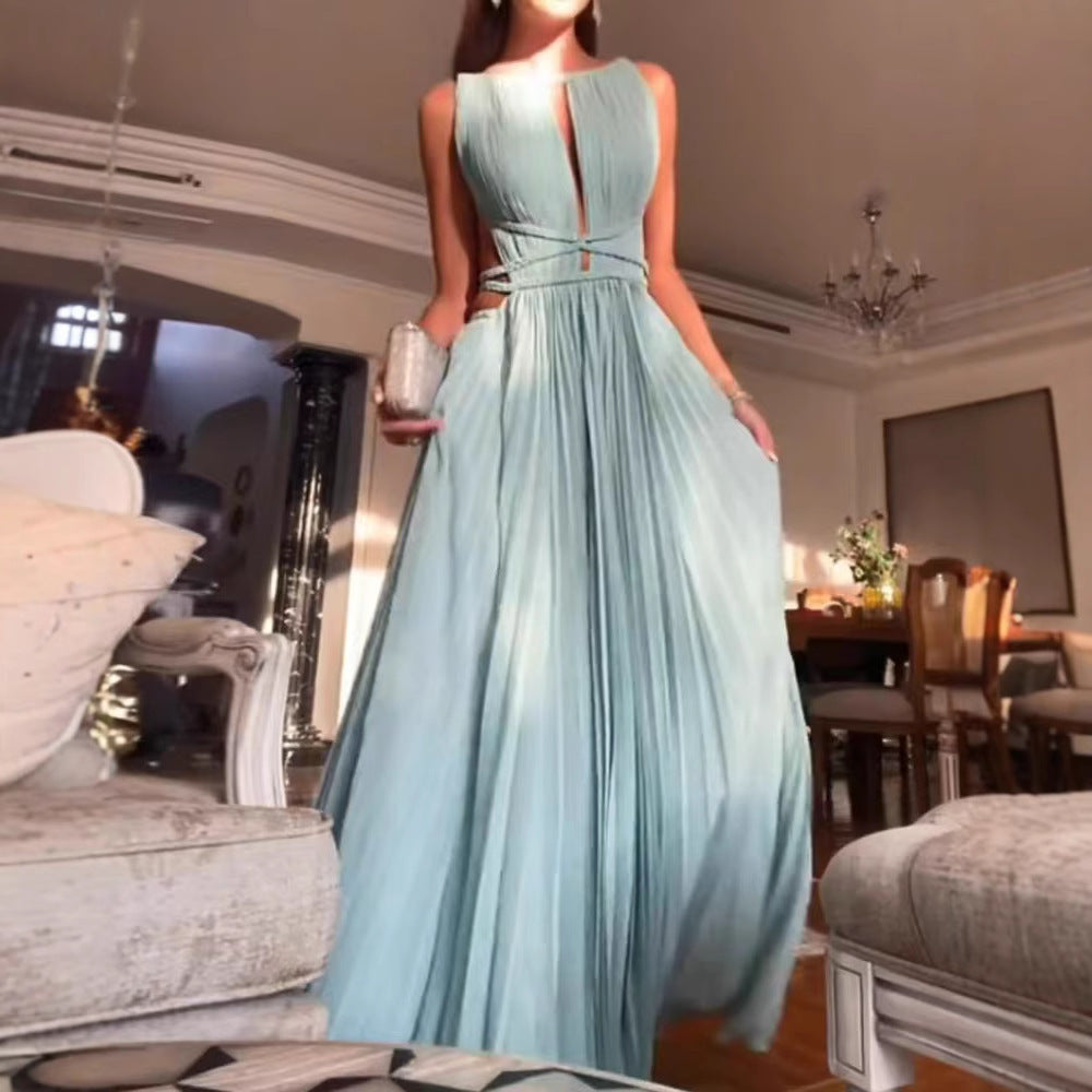 Summer Pleated Tie Sleeveless Backless Solid Dresses