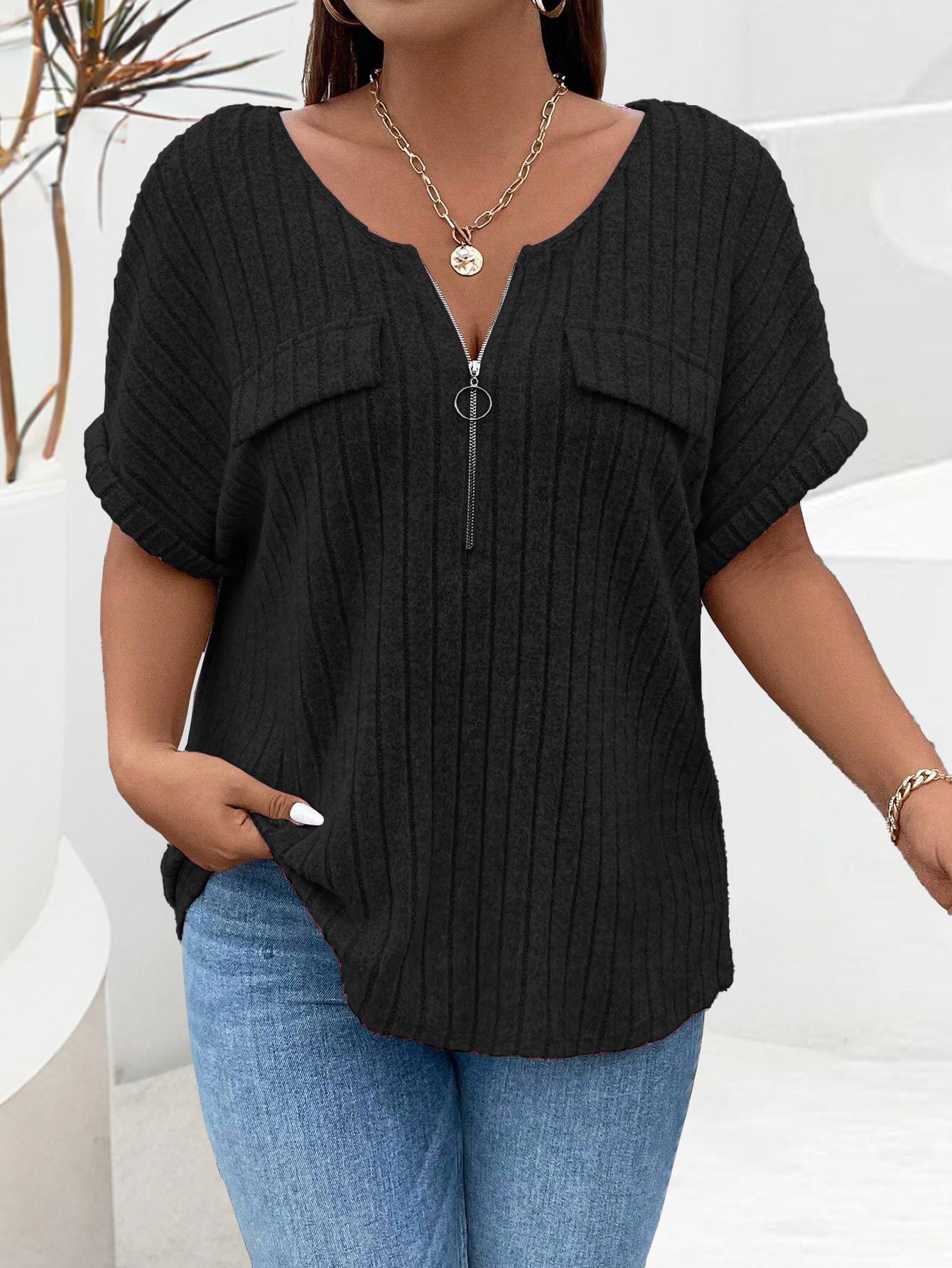 Women's Color Clothes Zipper Sleeve Faux Pocket Blouses
