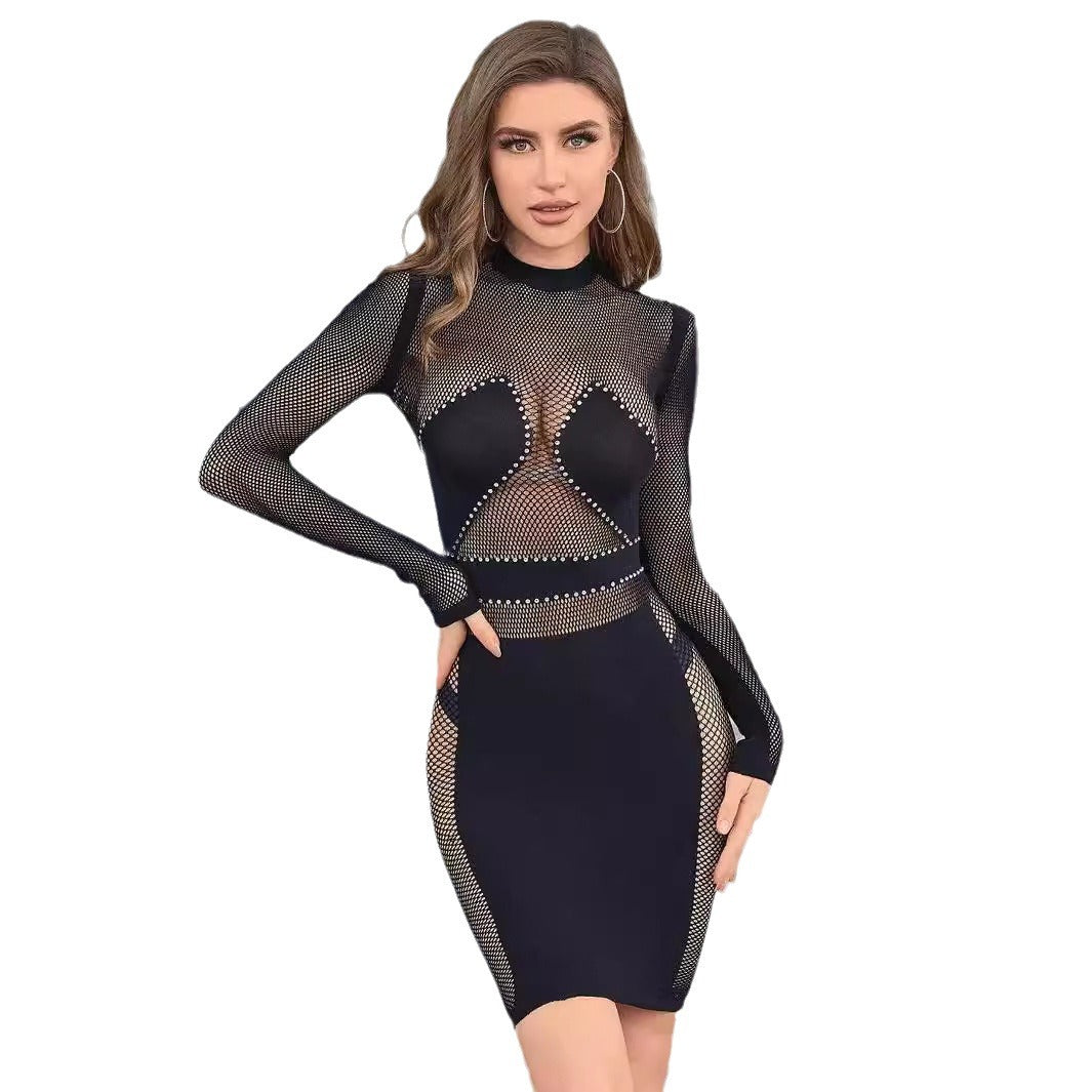 Women's Summer Solid Color Round Neck Long Sleeve Slim Sexy Dress