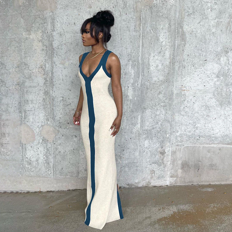 Women's Wide Shoulder Strap Contrast Color Elegant Dresses