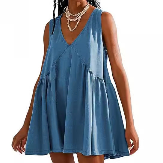 Women's Collar Sleeveless Pleated Pocket Dress Dresses