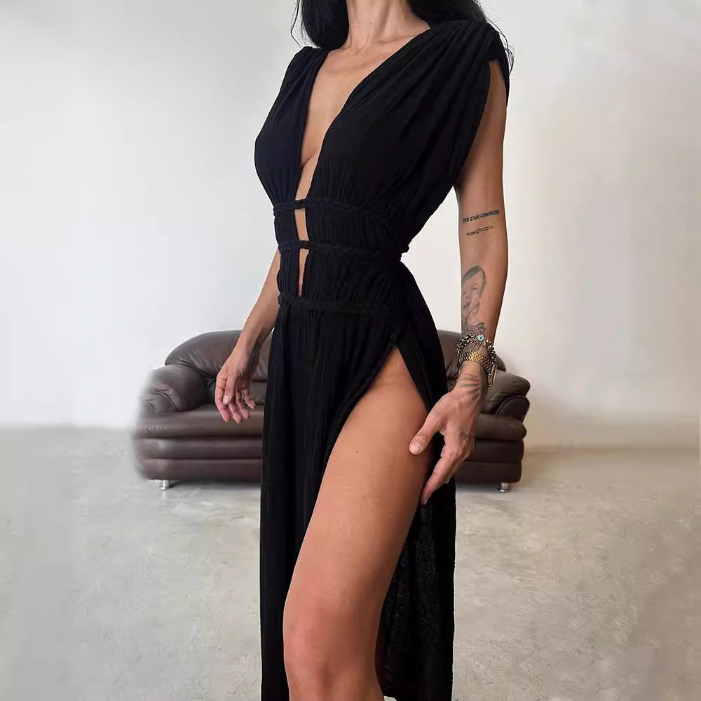 Linen Blend Sleeveless Braid Belt Hollow Dresses