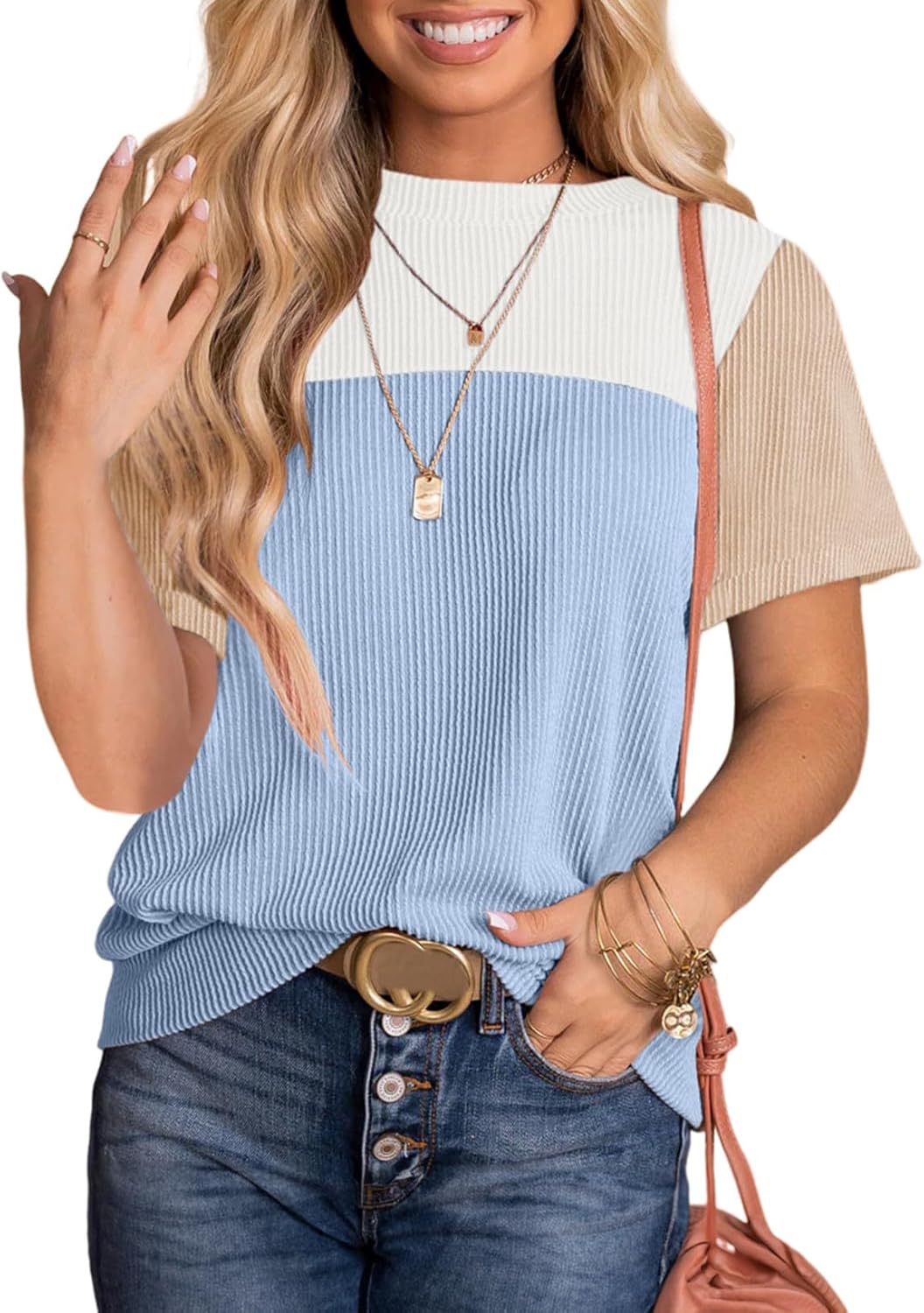 Women's Summer Stitching Stripe Short-sleeved T-shirt Pullover Blouses