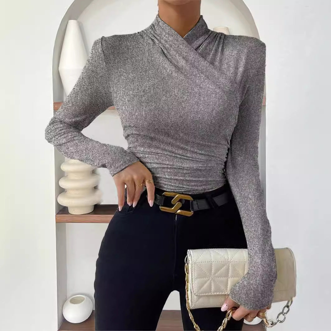Design Cross Collar Slim Fit Pleating Blouses