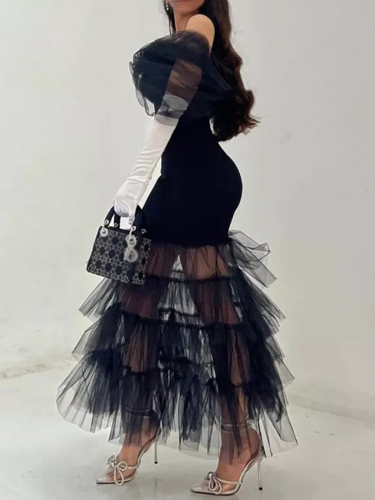 Women's Trailing Sexy Dress Mesh Stitching Tube Evening Dresses