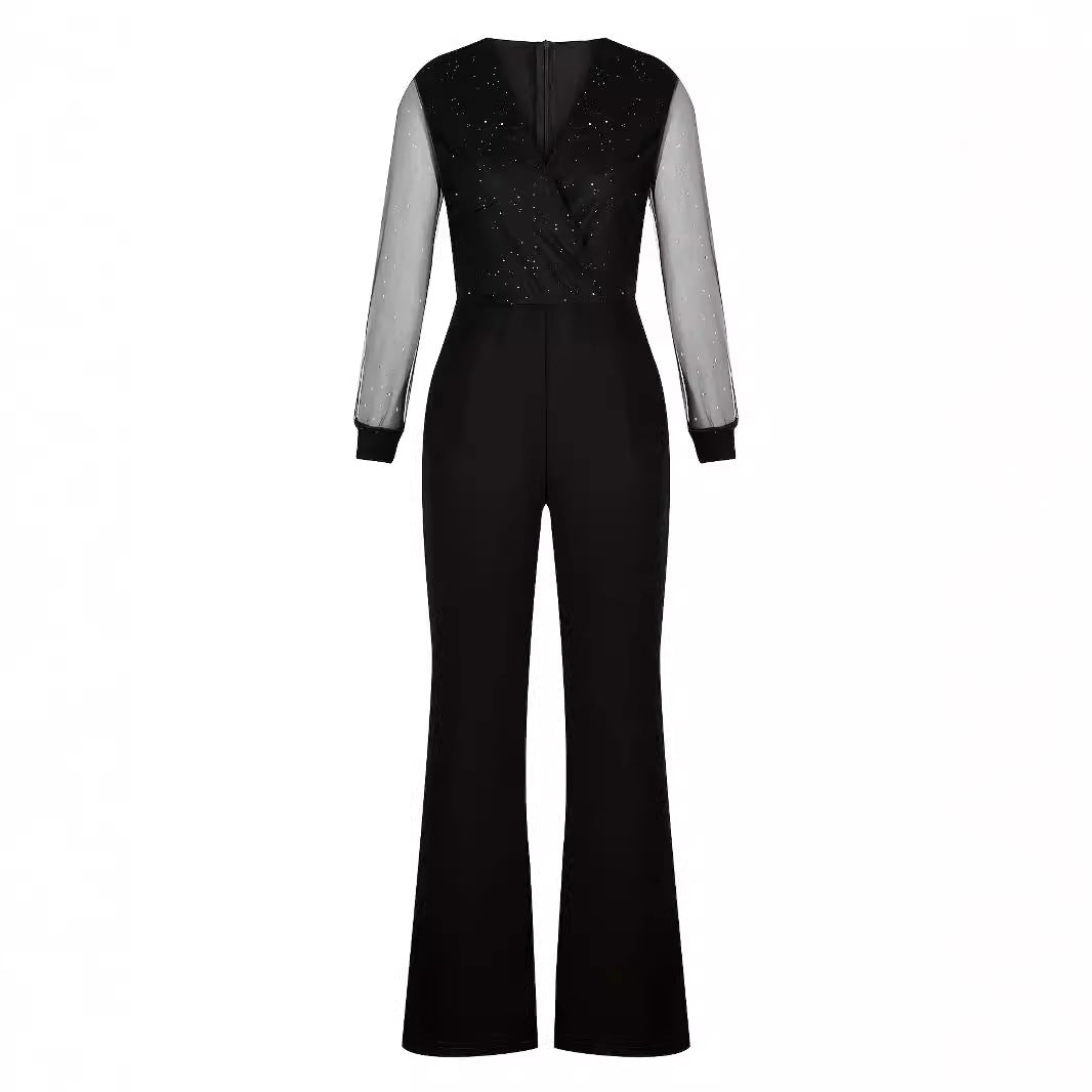 Women's Fashion Slim Solid Color Mesh Stitching Jumpsuits