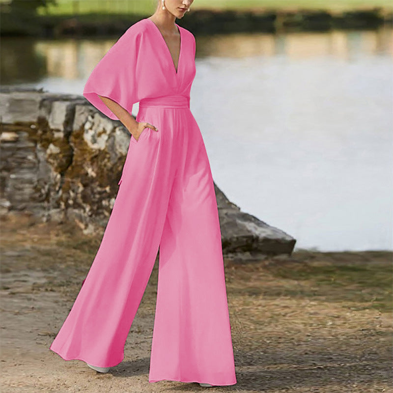 Women's Dress Deep V High Waist Wide Pants