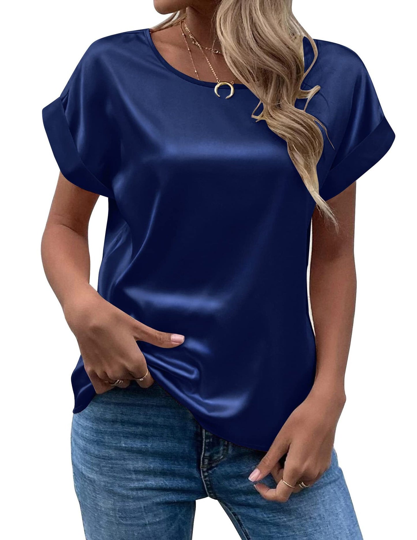 Women's Summer Elegant Satin Pullover Round Neck Blouses