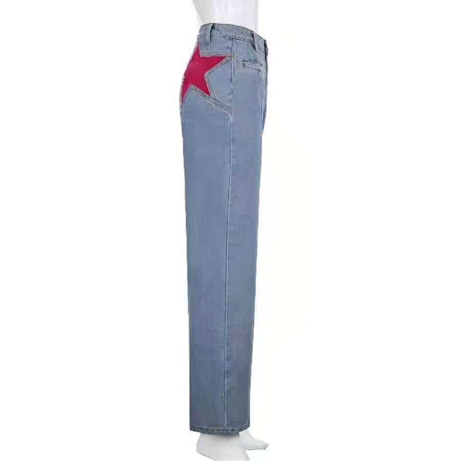 Spring Retro Back Contrast Color Trousers Jeans