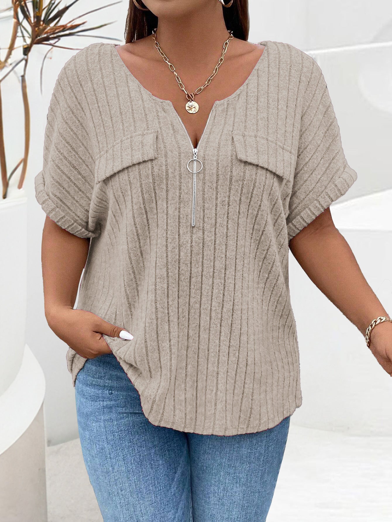 Women's Color Clothes Zipper Sleeve Faux Pocket Blouses