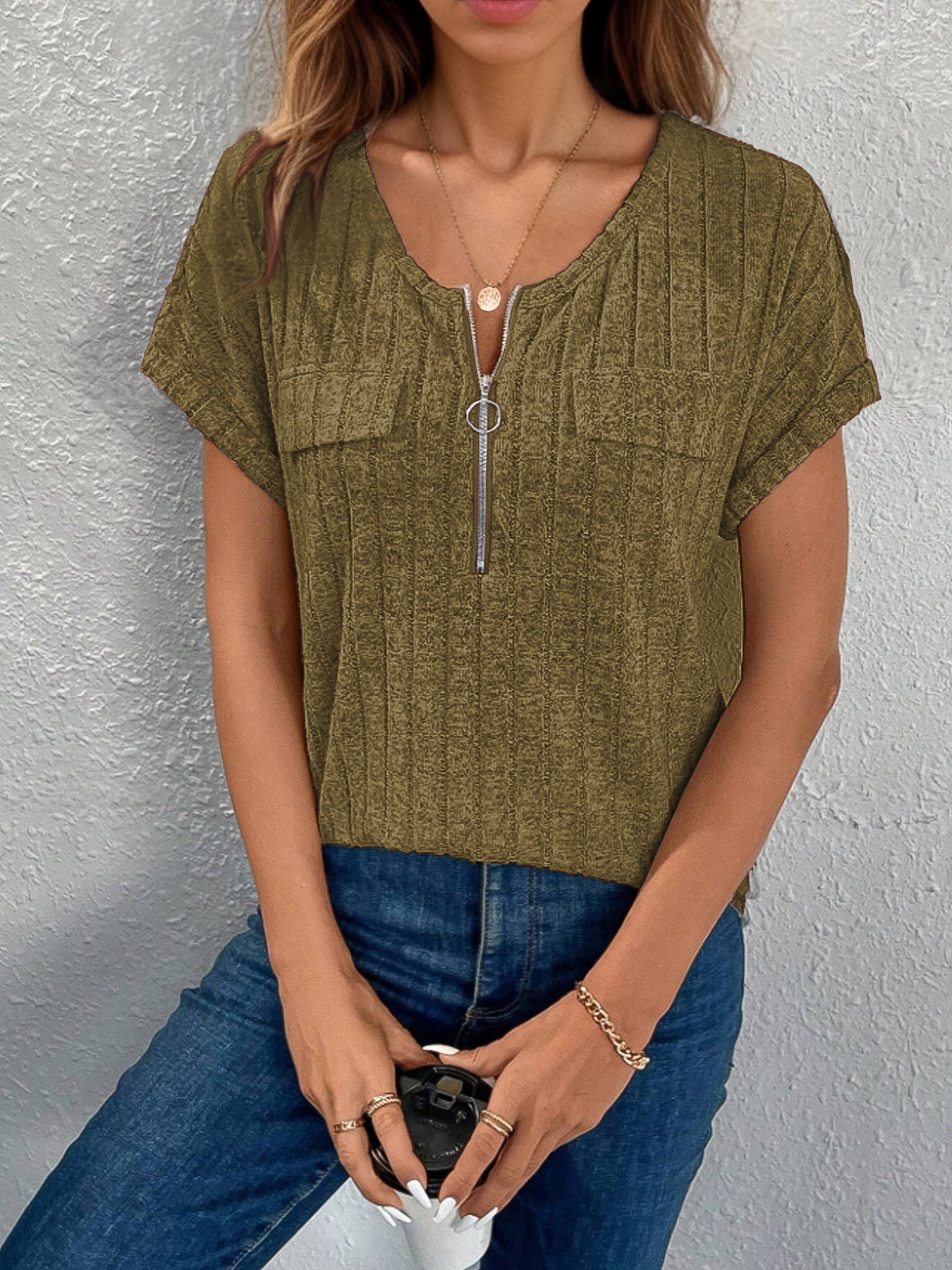 Solid Color Zipper Sleeve Faux Pocket Blouses