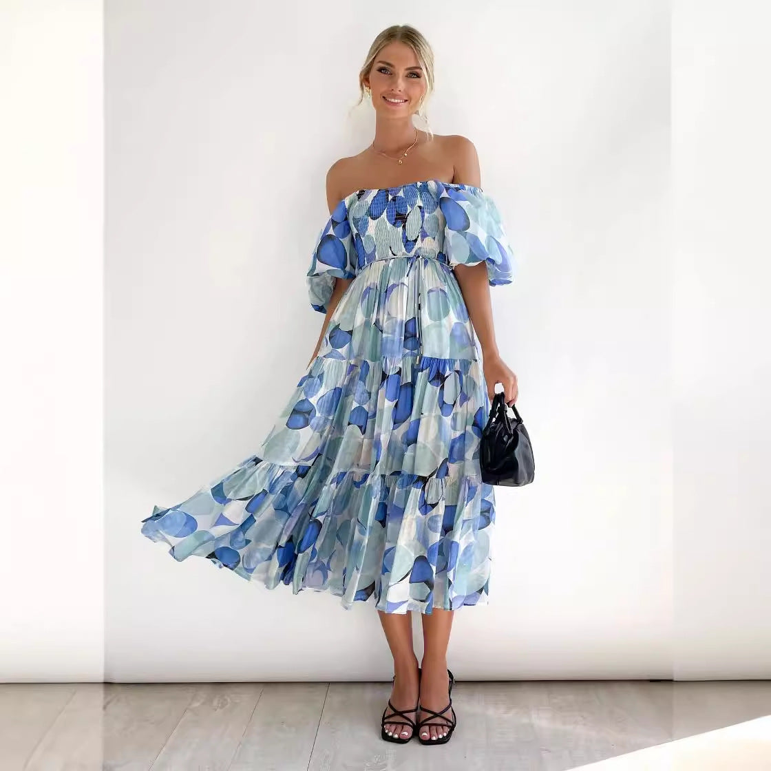 Women's Summer Puff Sleeve Holiday Slim Looking Long Dress Hot Dresses