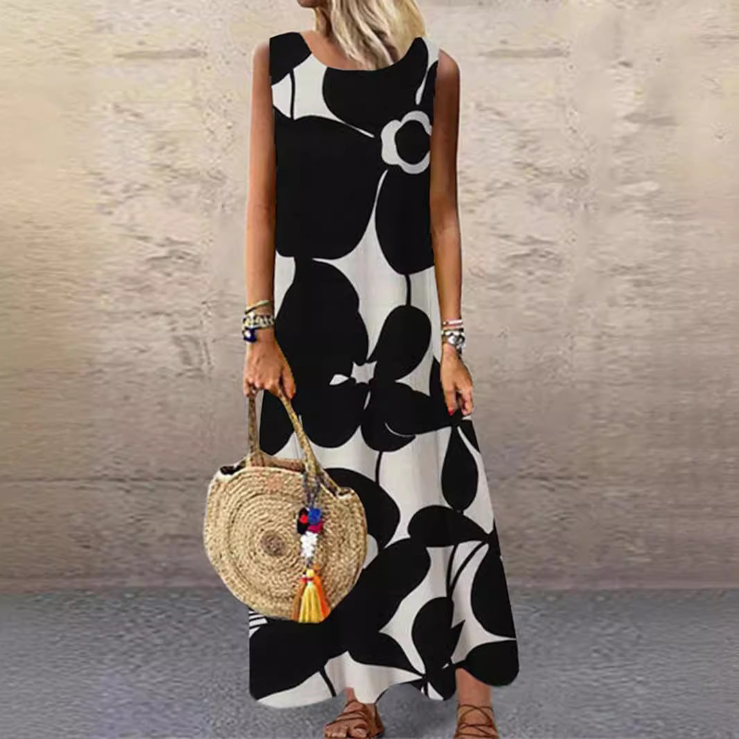 Women's Printed Round Neck Mid-length Sleeveless Dress Dresses