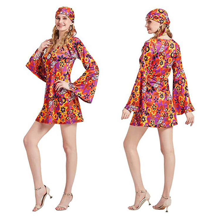 Halloween Generation Hippie Disco Festival Dress Headscarf Print Dresses