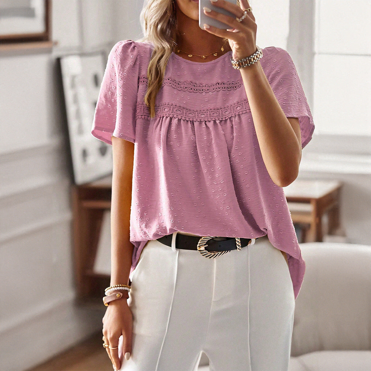 Women's Shirt Casual Solid Color Round Neck Tops