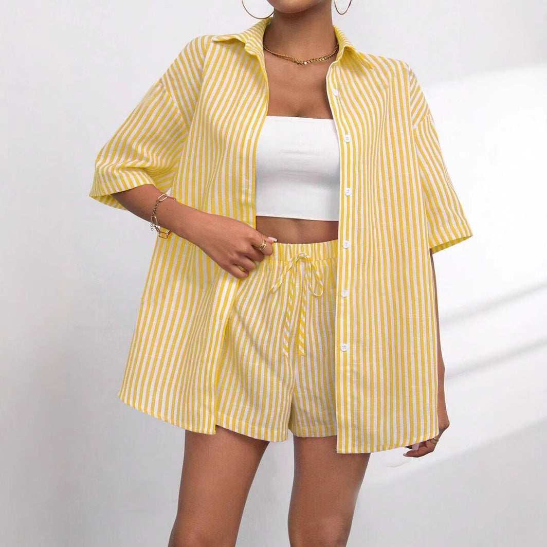 Lapel Casual Striped Sleeve Two-piece Set Pants