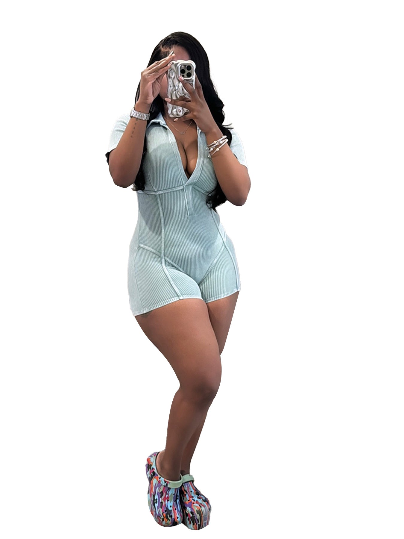 Women's Cotton Thread Washed Distressed Deep V Jumpsuits