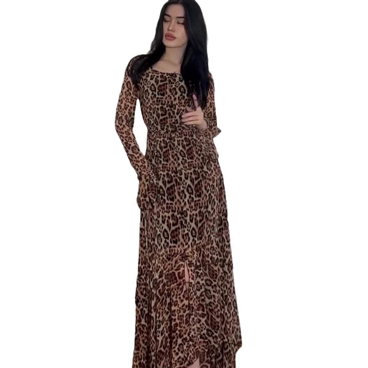Spring Chiffon Leopard Print Ruffle Sleeve Temperament Long Dresses