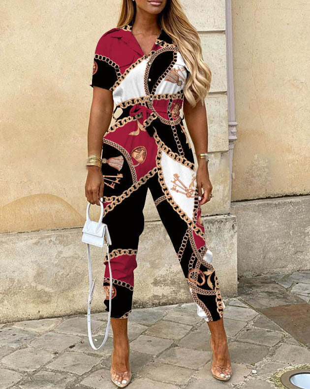 Women's Trousers Casual Lapel Button Printed Belt Pants