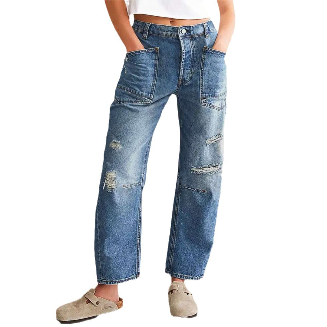Women's Tattered Casual Patchwork Banana Baggy Straight Jeans