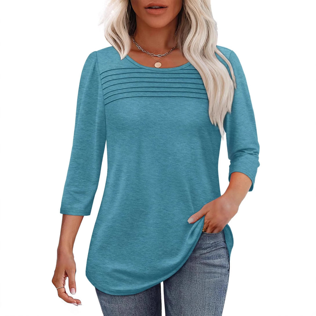 Women's Round Neck Sleeves Chest Tuck Line Blouses