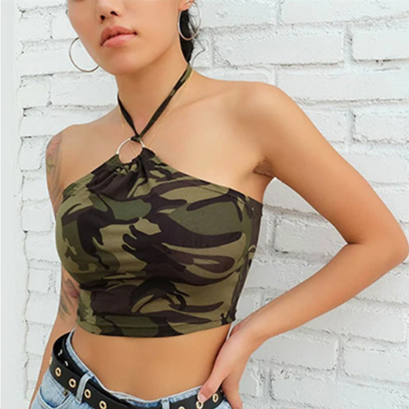 Women's Sexy Ring Camouflage Print Sleeveless Backless Tops