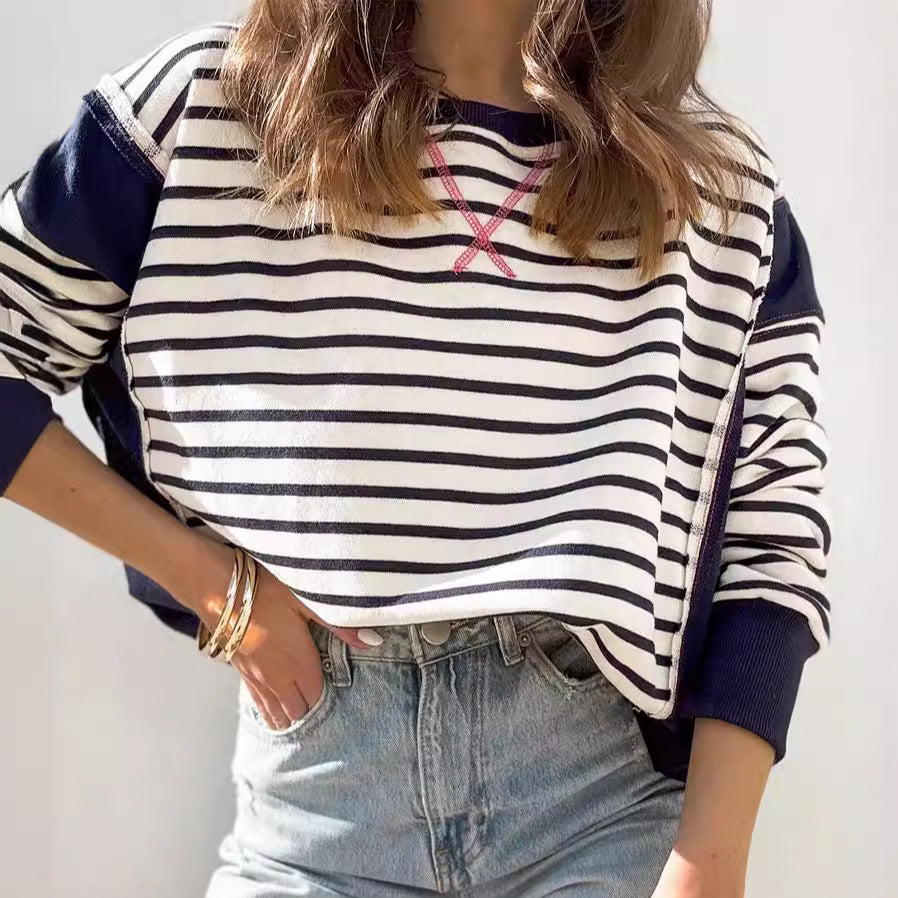 Women's Striped Contrast Color Long Sleeves T-shirt Blouses