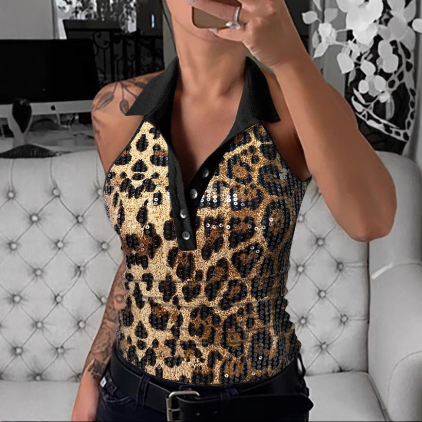 Women's Summer Slim Sequined Lapel Sleeveless Blouses