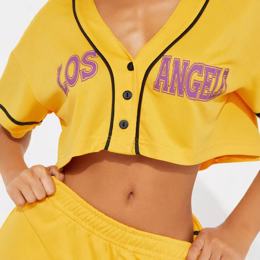 Women's Spring Sports Collar Button Elastic Waist Suits