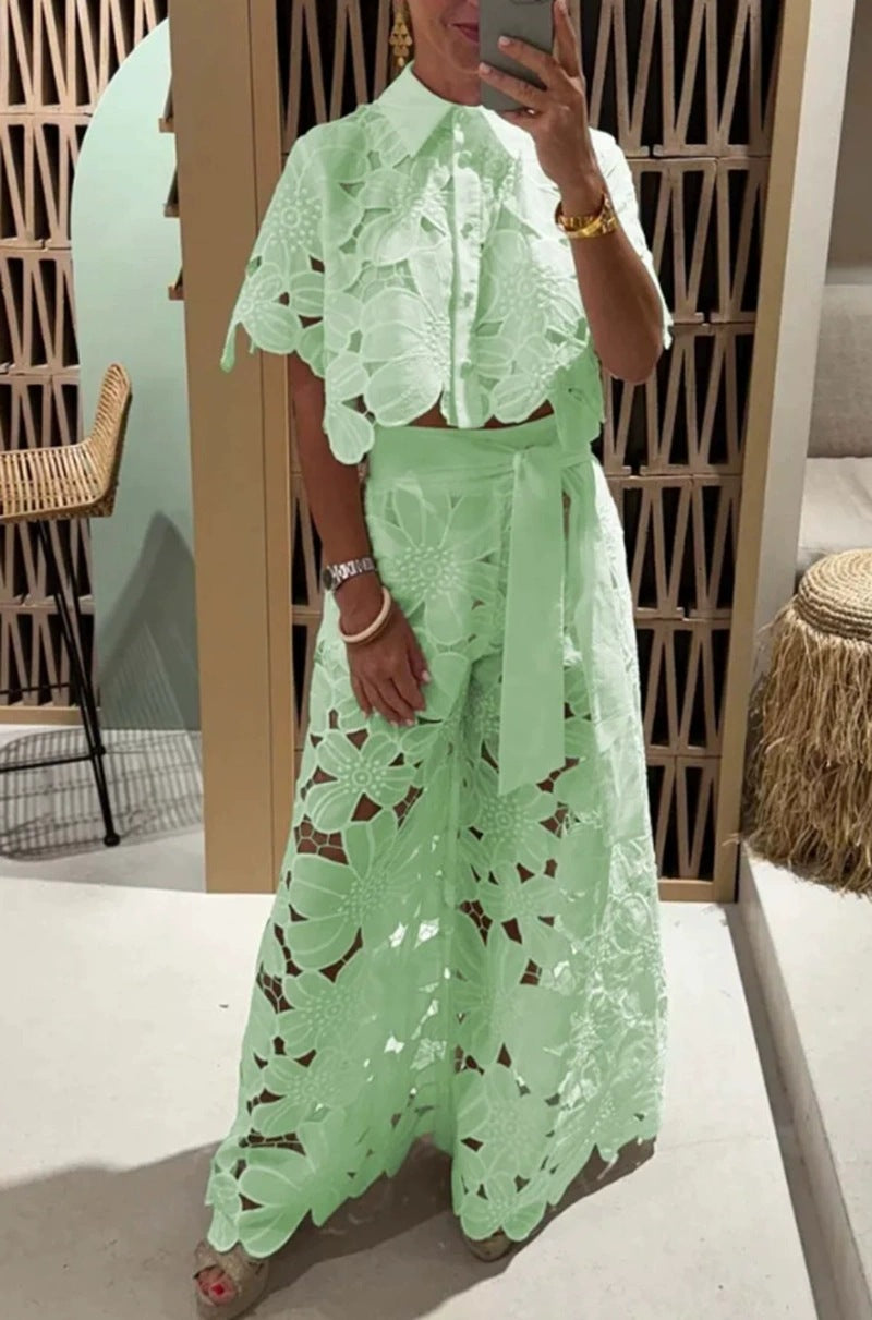 Summer Hollowed Leisure Lace Shirt Trousers Suits