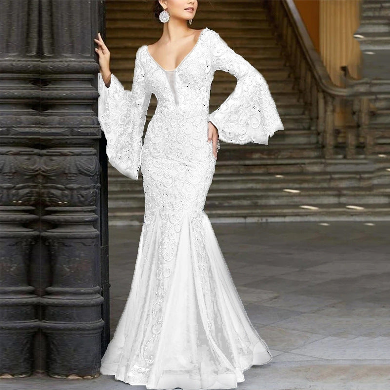 Lace Elegant Sexy Slim Fishtail Long Banquet Female Black Dress