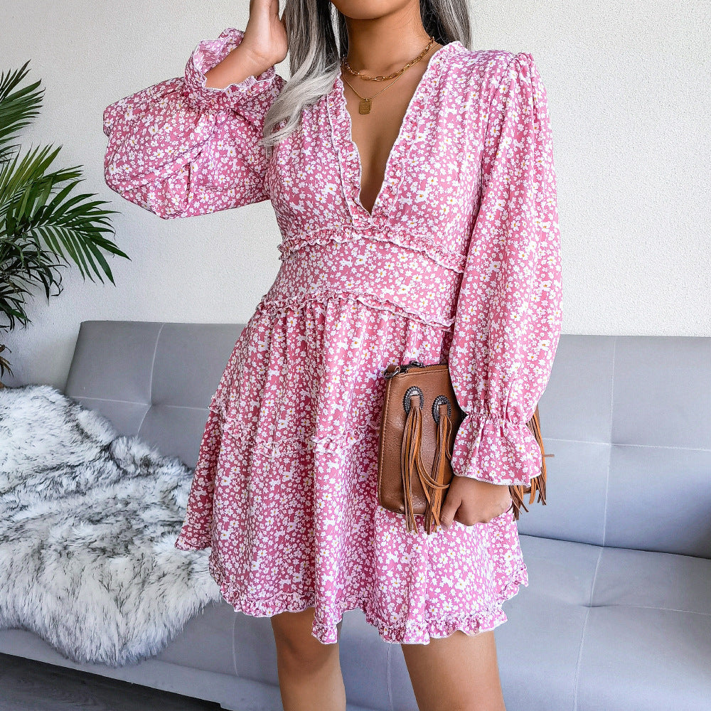Women's Clearance Sexy Floral Fungus Long Sleeve Dress