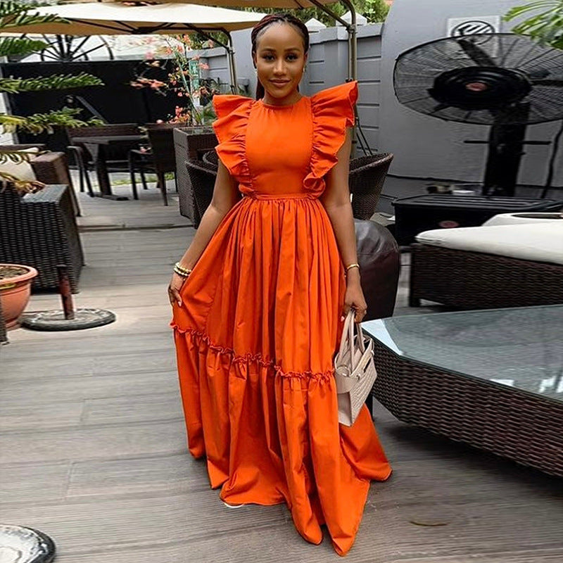 Women's Neck Waist Trimming Long Large Hem Dresses
