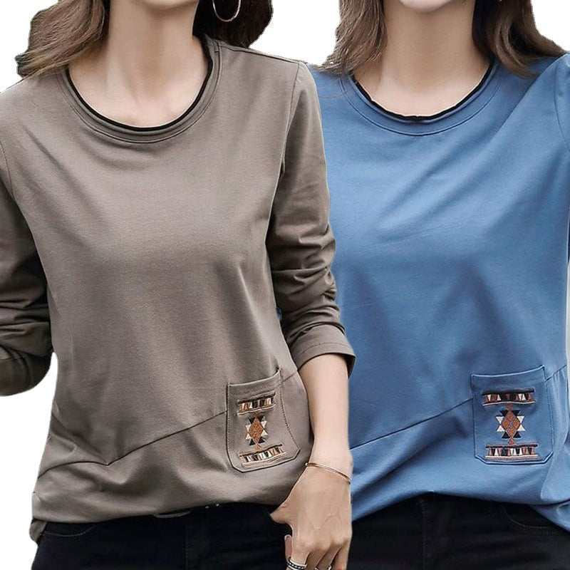 Women's Embroidered Pocket Long Sleeve T-shirt Autumn Stitching Blouses