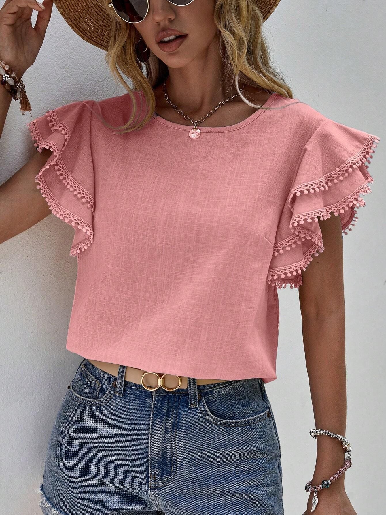 Women's Neck Summer Loose Shirt Lotus Leaf Batwing Tops