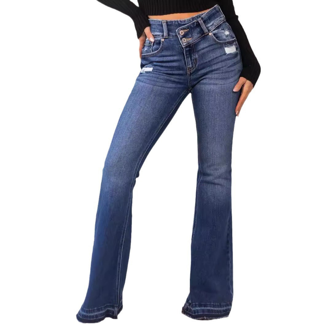 Women's Unique Ripped Button Stretch Bell-bottom Jeans