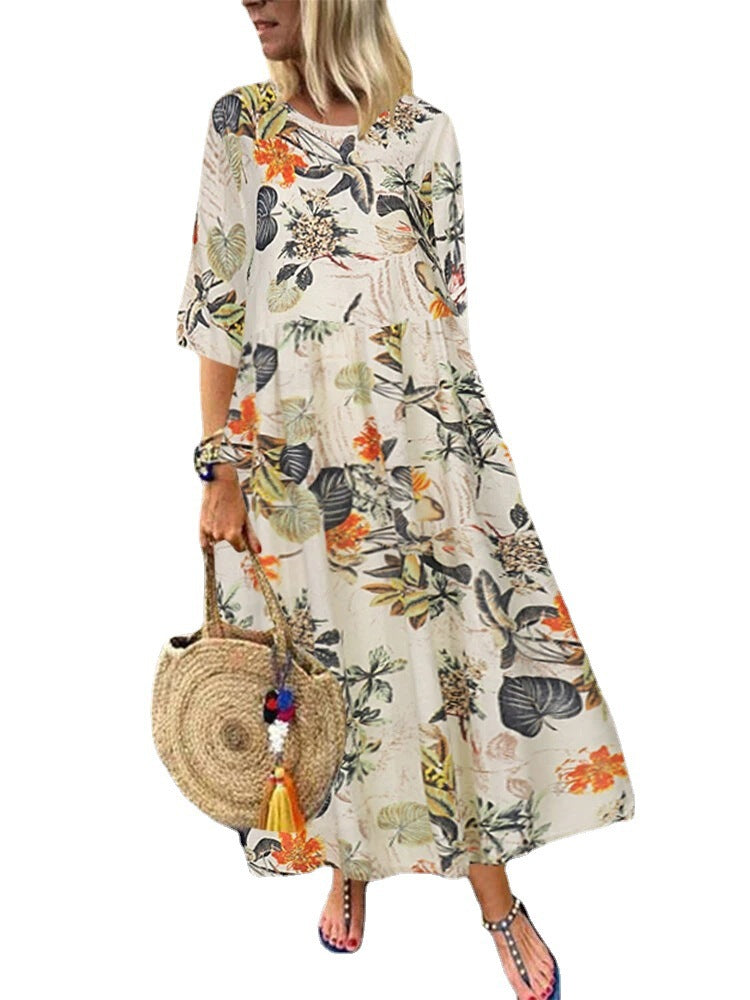 Women's Long Retro Bohemian Pleated Sleeve Waist Dresses