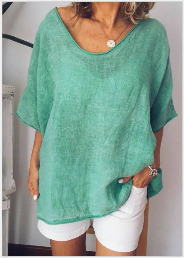 Solid Color Loose Sleeve Casual Cotton Blouses