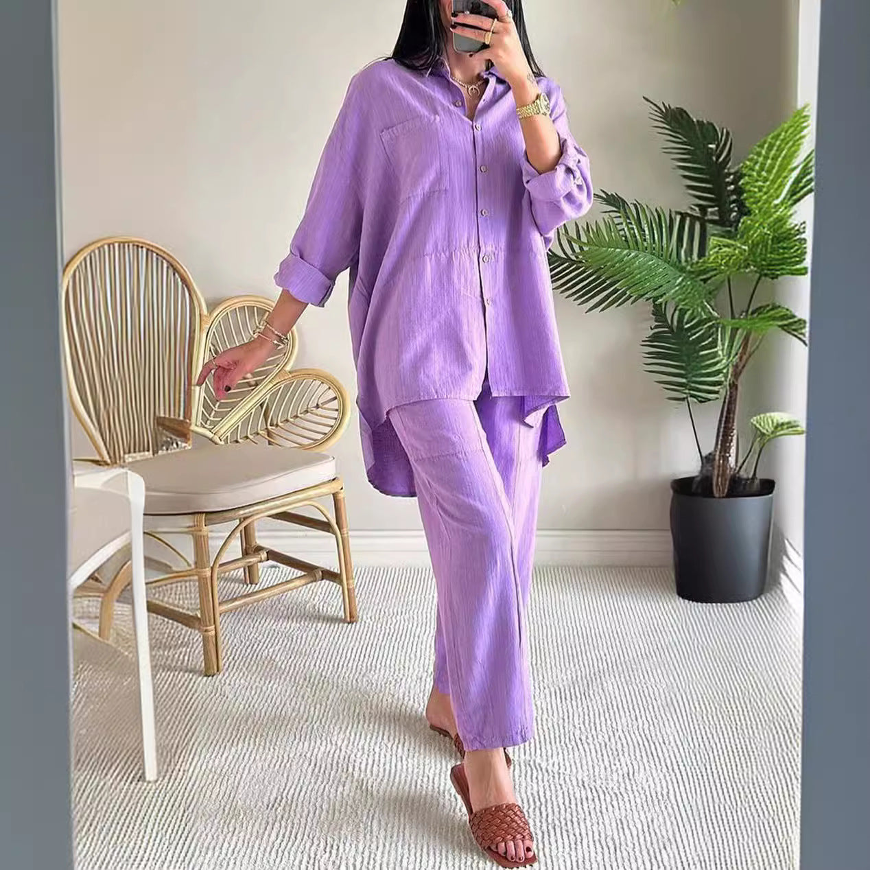 Women's Summer Set Cotton Linen Shirt Outfit Plus Size