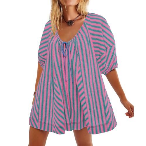 Women's Summer Short-sleeved Striped Shirt Slimming Casual Jumpsuits