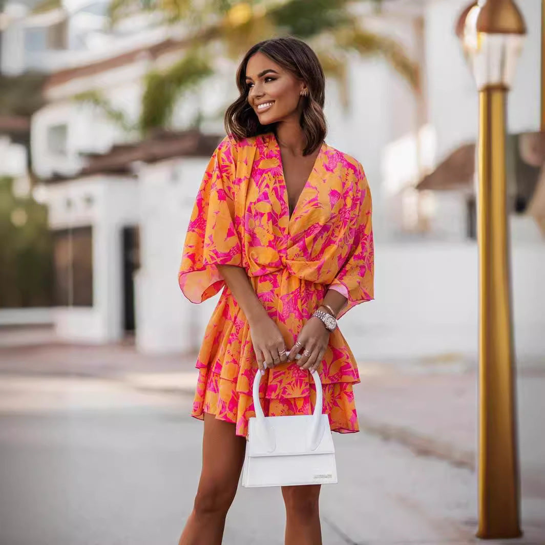 Women's Printed Batwing Sleeve Half-length Dress Dresses