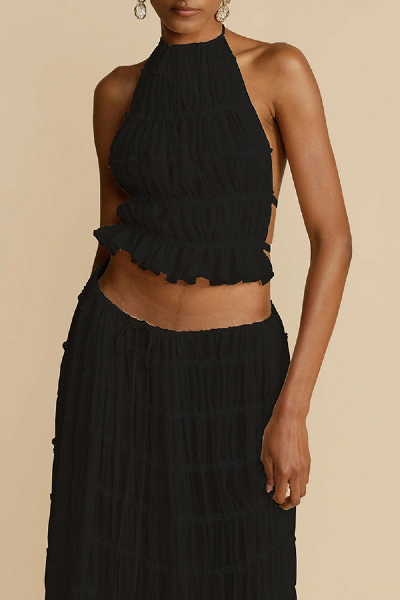 Summer Backless Halter Strap Drawstring Chiffon Dresses