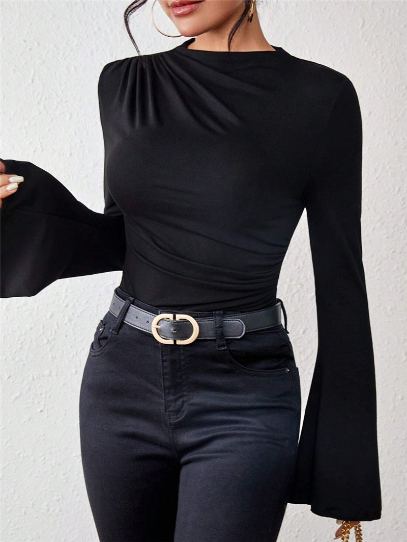 Women's Design Sense Bell Sleeve Stand-up Collar Slim Blouses