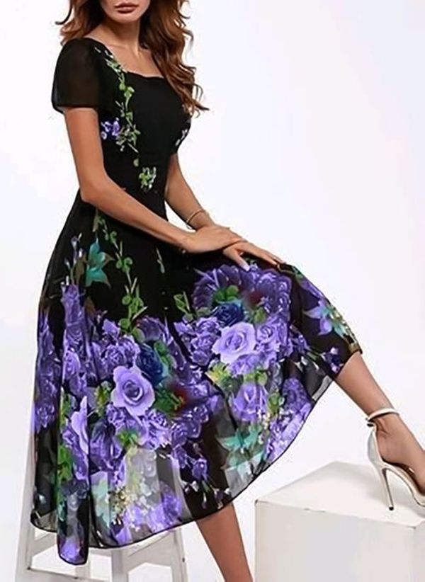 Women's Square Collar Sleeve Positioning Printed Dress Dresses
