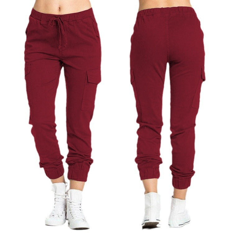 Women's Elastic Waist Thin Rope Side Pocket Pants