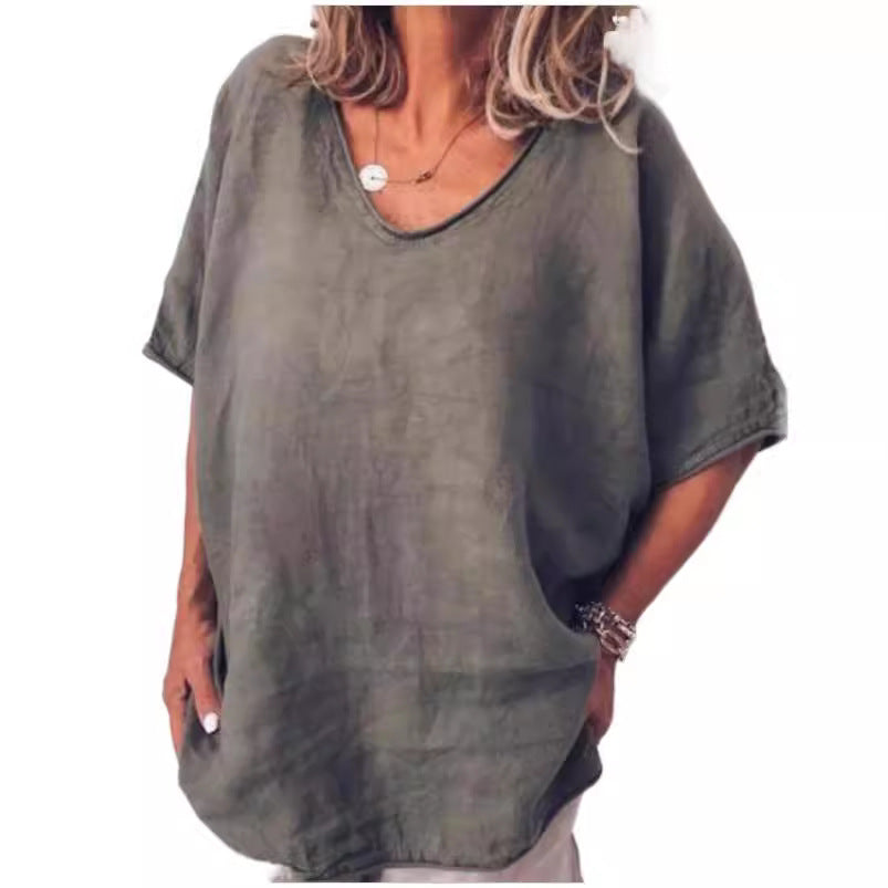 Solid Color Loose Sleeve Casual Cotton Blouses