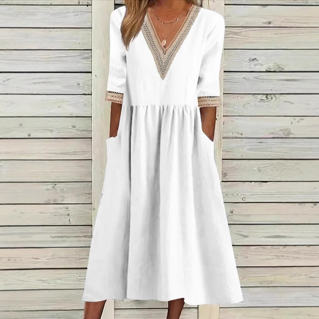 Women's Loose Cotton Linen Lace Collar Half Dresses