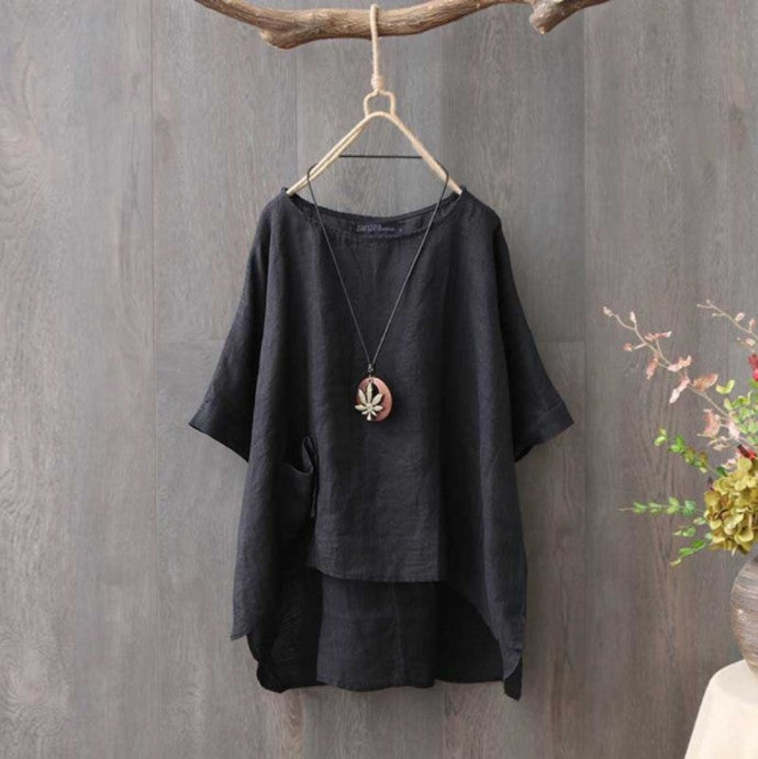 Summer Fashion Round Neck Pocket Solid Blouses